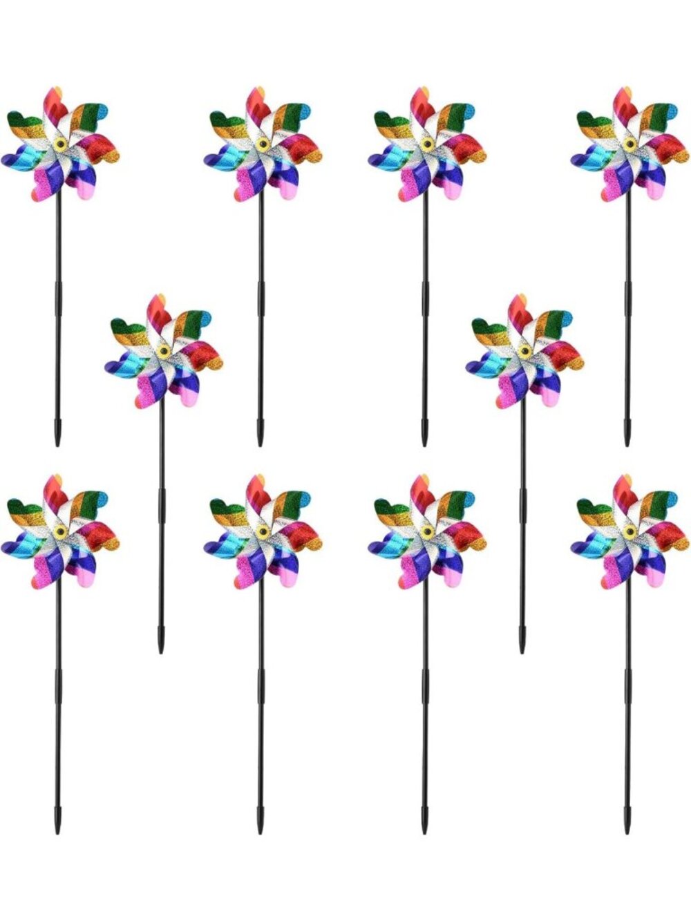 Colorful 10 Pack Reflective Pinwheels with Stakes - 19.7" Garden Decor for